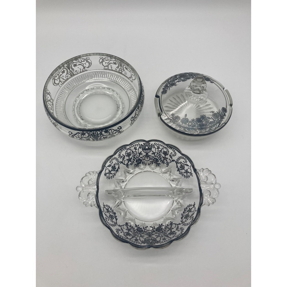 Vintage Clear Glass Lot 3 Bowl Covered Candy Dish Divided Relish Black Pattern